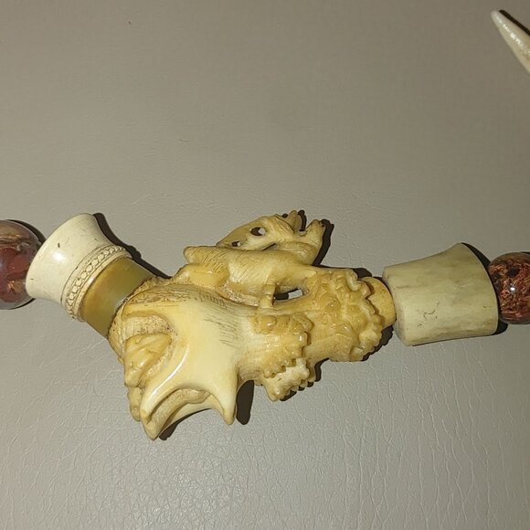 Antique Agate Bead Necklace Carved Antler Pendant Deer Elk Artisan Craft Rustic - Picture 11 of 16